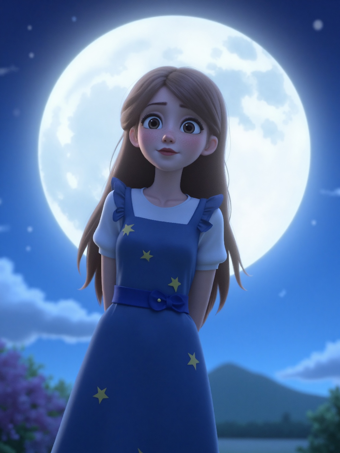 An animated girl with long brown hair is standing in front of a large moon in the night sky. She is wearing a short sleeve...