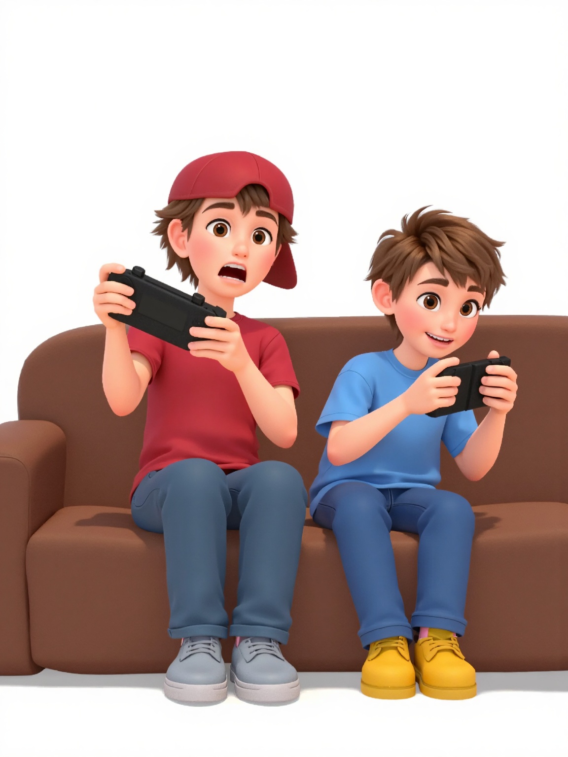 Two cartoon characters are sitting on a brown couch. They are holding black game controllers in their hands. The character...