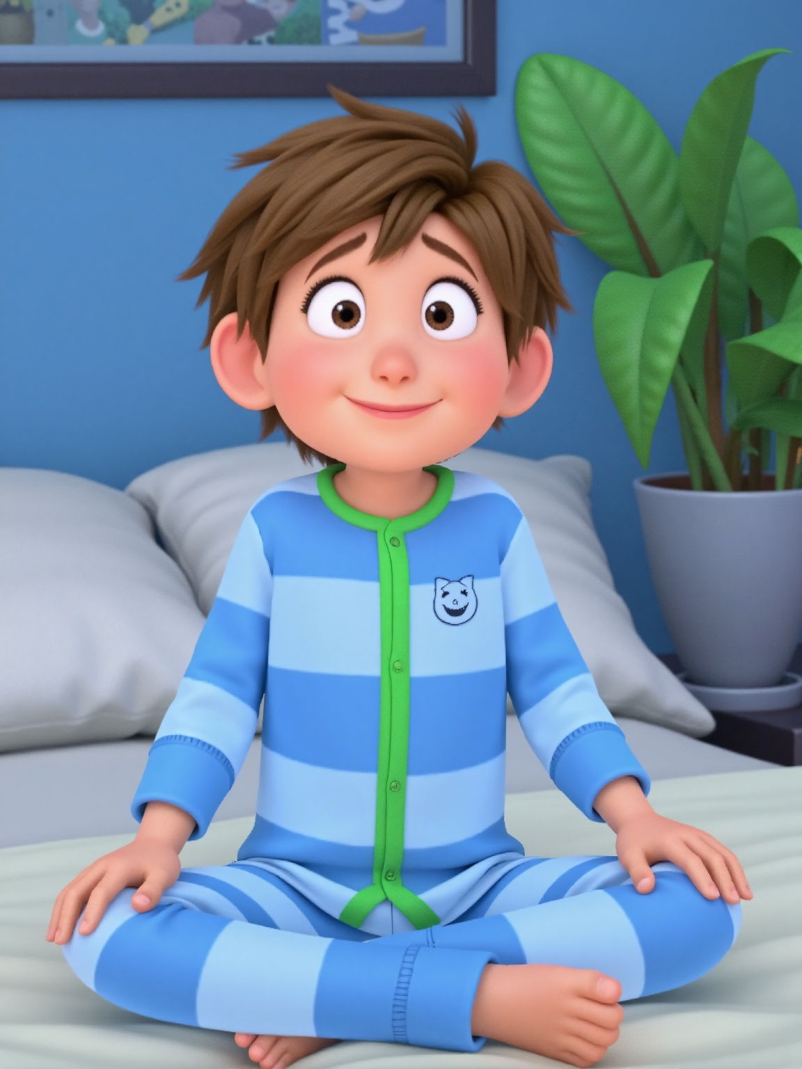 An animated cartoon of a boy sitting on a bed. The boy is wearing a blue and white striped pajamas with a green stripe dow...