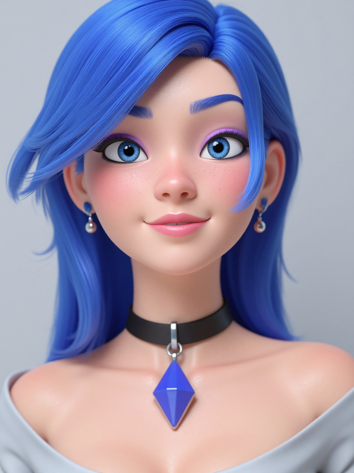 A 3D rendering of a young woman's face is depicted in a close-up shot. The woman's hair,  a vibrant shade of blue,  is cas...