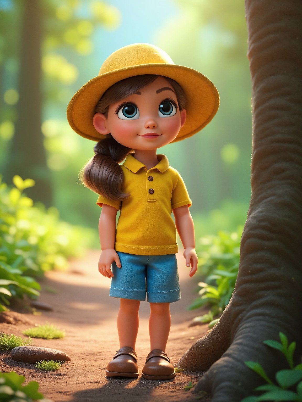 Captured at eye-level,  a girl stands on a dirt path,  adorned with a yellow hat on Tensor.Art