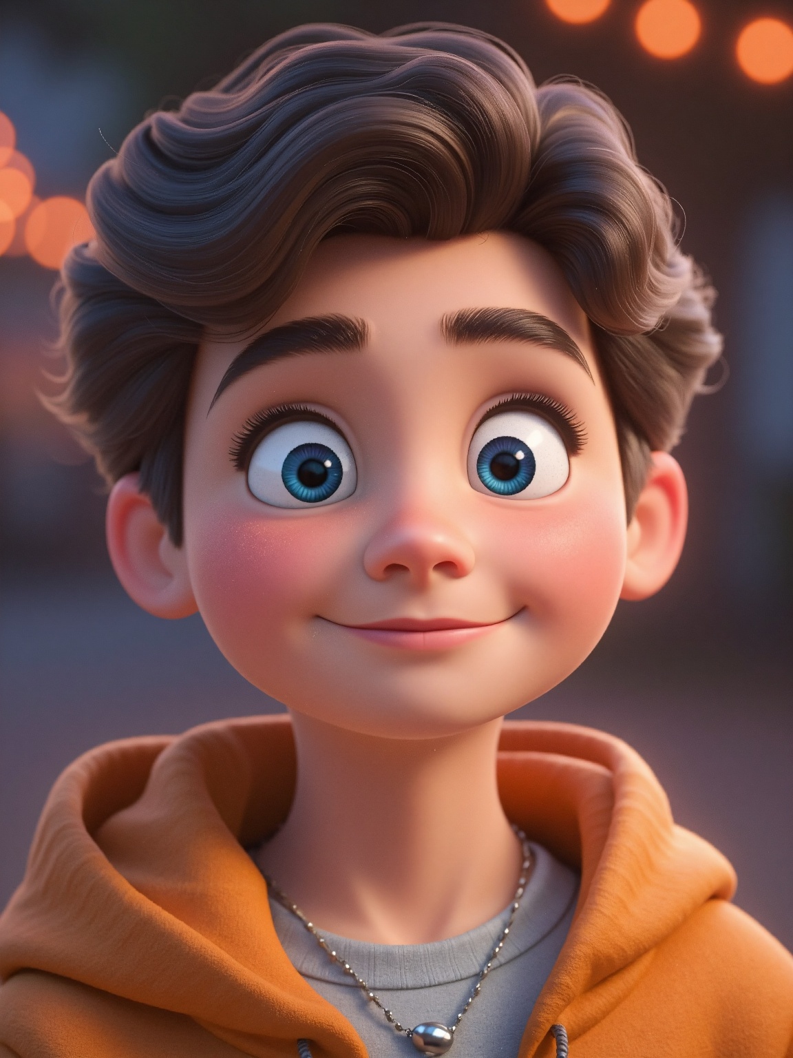 A close-up of a young boy's face is depicted in a detailed and cartoon-like scene. The boy's eyes are blue,  and the boy's...