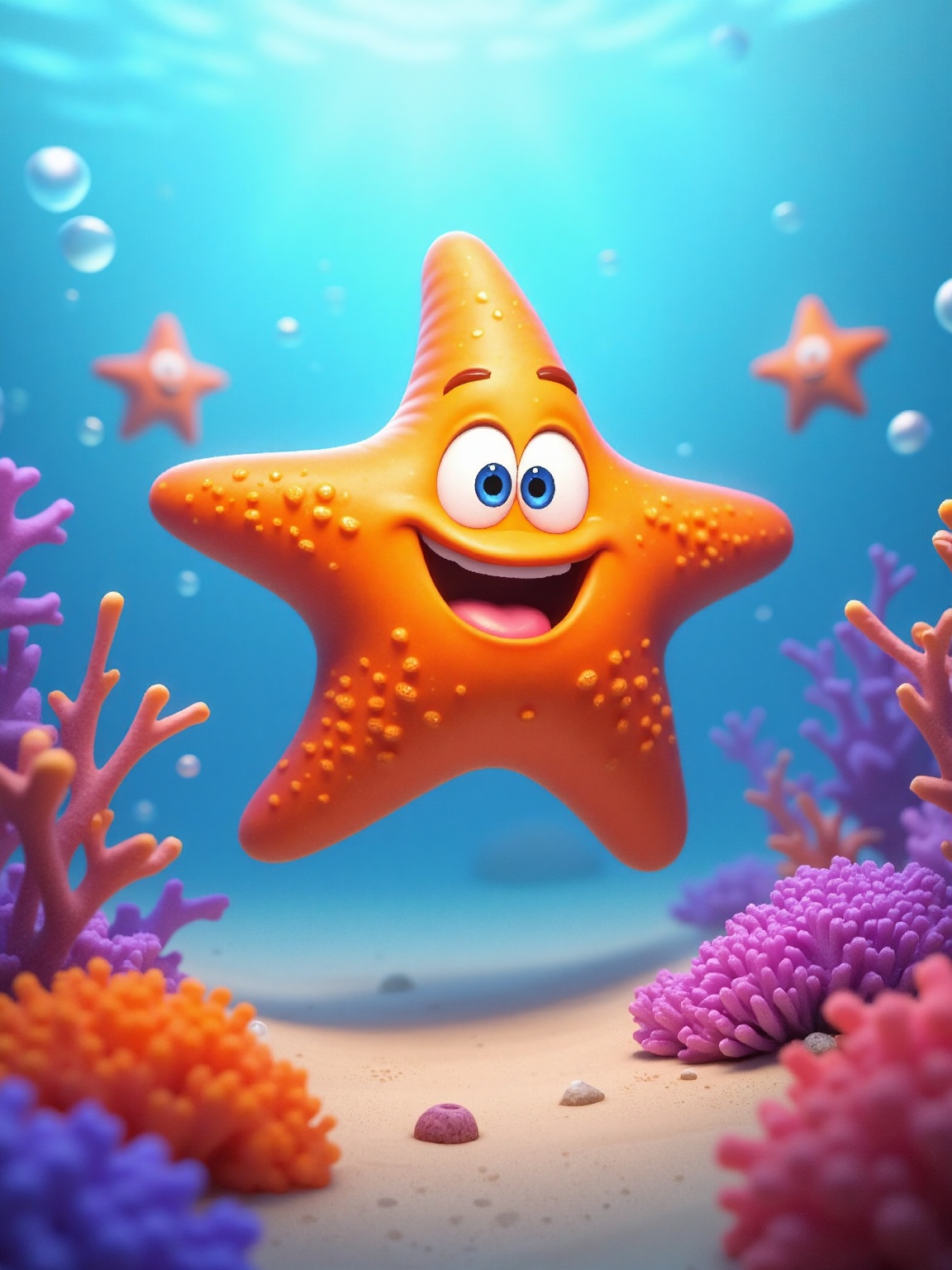 A vibrant,  cartoon-style starfish with a joyful expression and big,  sparkling eyes floats amidst an underwater scene. It...
