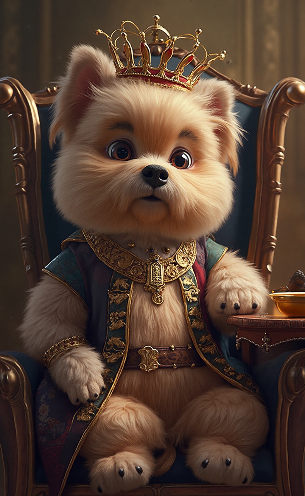 An anthropomorphic animal: a fluffy dog wearing a royal outfit with a golden crown on his head. He looks at the camera wit...