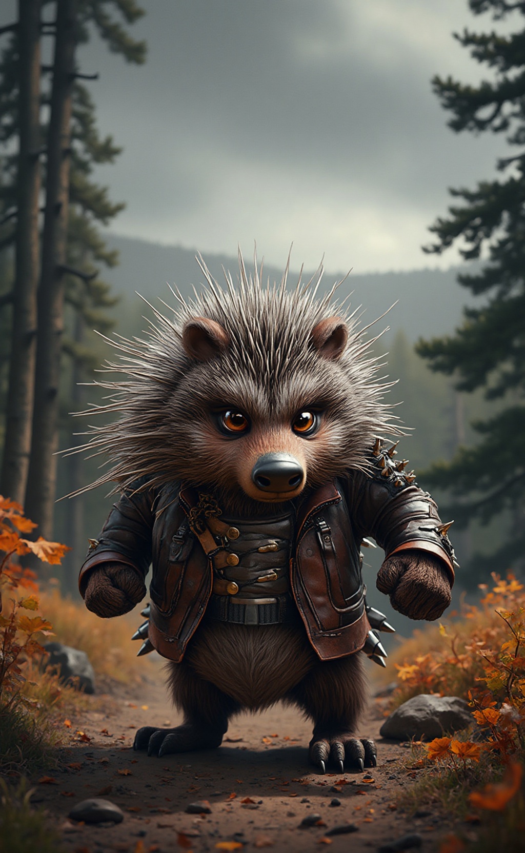 An anthropomorphic animal,  specifically a porcupine,  standing in a forest clearing on Tensor.Art