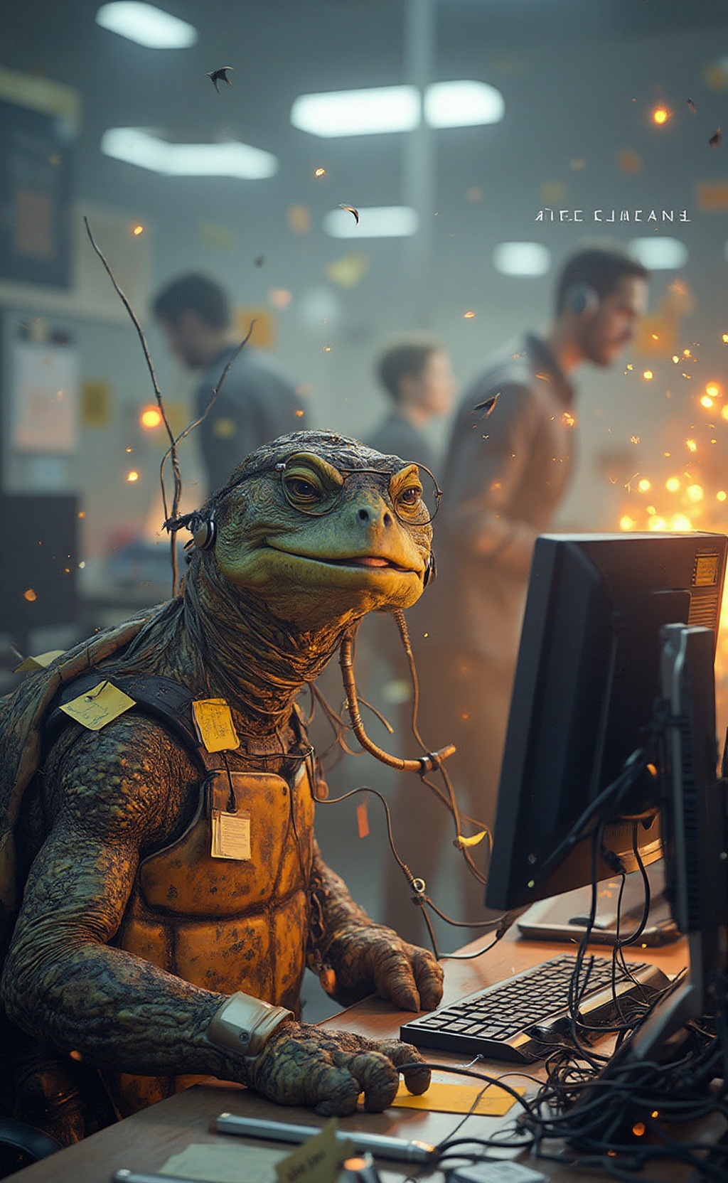 An anthropomorphic animal: a grumpy turtle sitting at a cluttered desk in a modern tech support office. The turtle is wear...