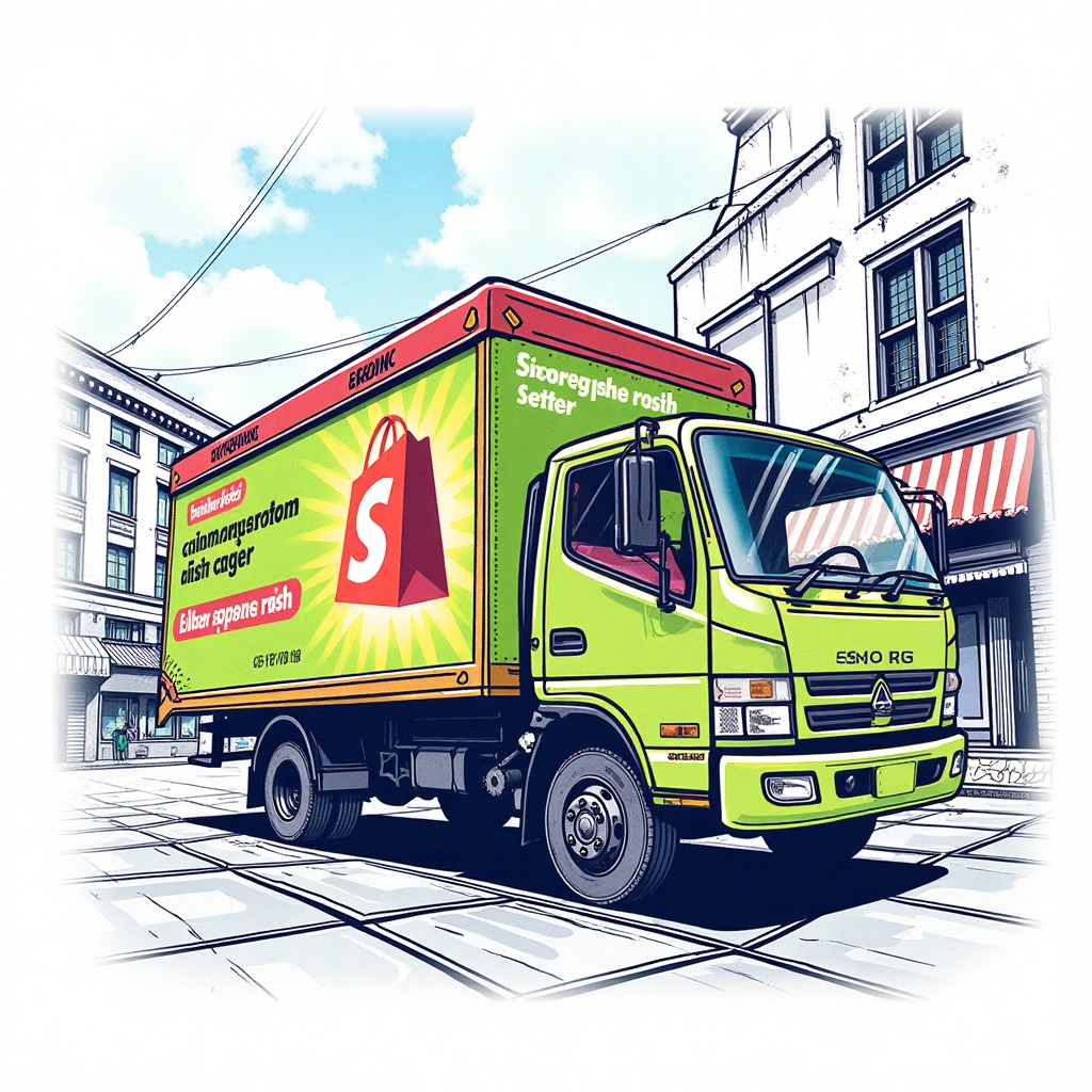 Drawing image of shopify truck,  street background,  T0k style on Tensor.Art