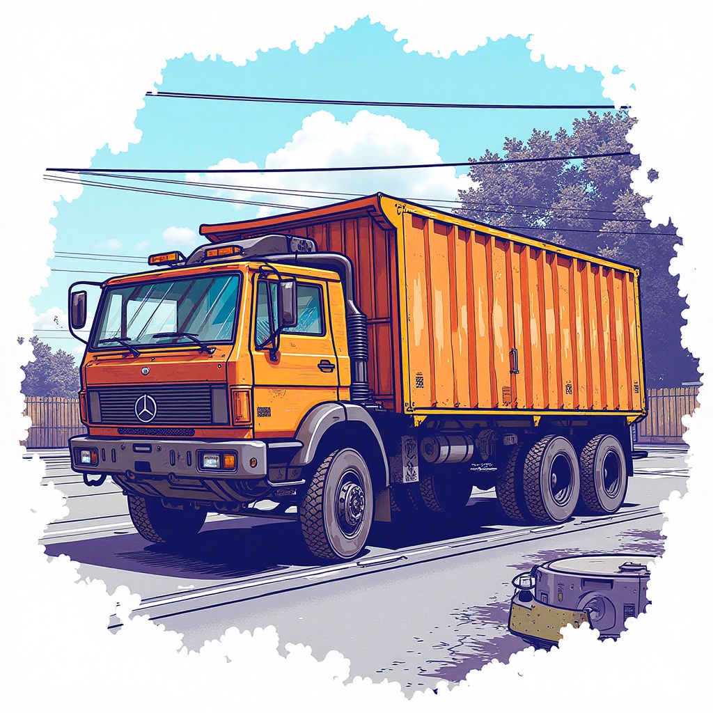 Drawing image of tokopedia truck,  street background,  T0k style on Tensor.Art