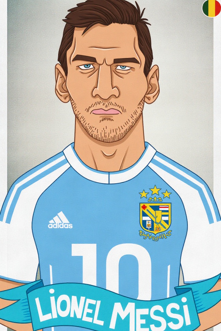 Drawing image,  upperbody of lionel messi wearing argentina soccer uniform,  there a word "lionel messi" on Tensor.Art
