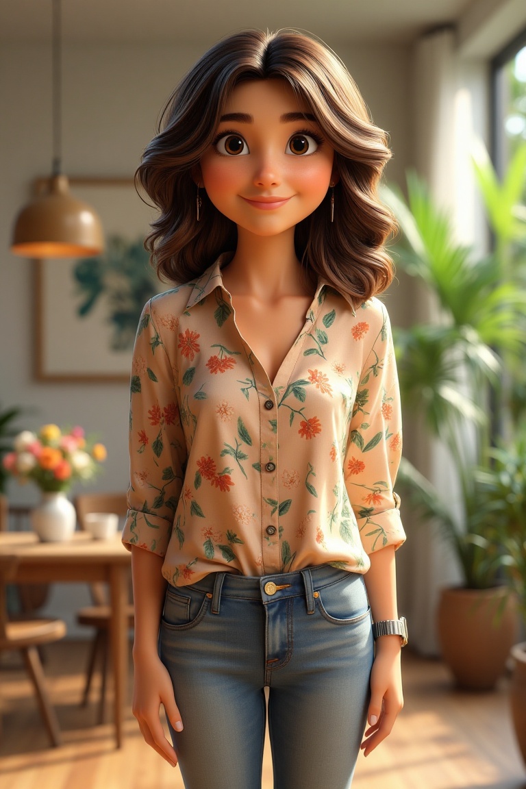 Animated scene of Linda,  a 40-year-old woman,  standing in a modern on Tensor.Art