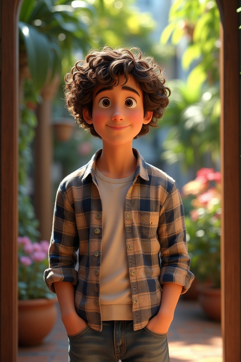 Animated scene of Mark,  a 28-year-old man with curly hair,  dressed in casual wear. He stands in a relaxed pose on Tensor...