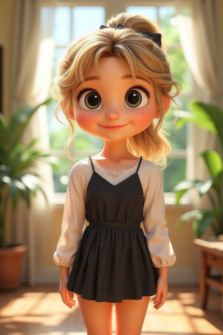 Animated scene of Sara,  a 19-year-old girl with blonde hair in a ponytail,  wearing a monochrome dress and a ribbon. She...