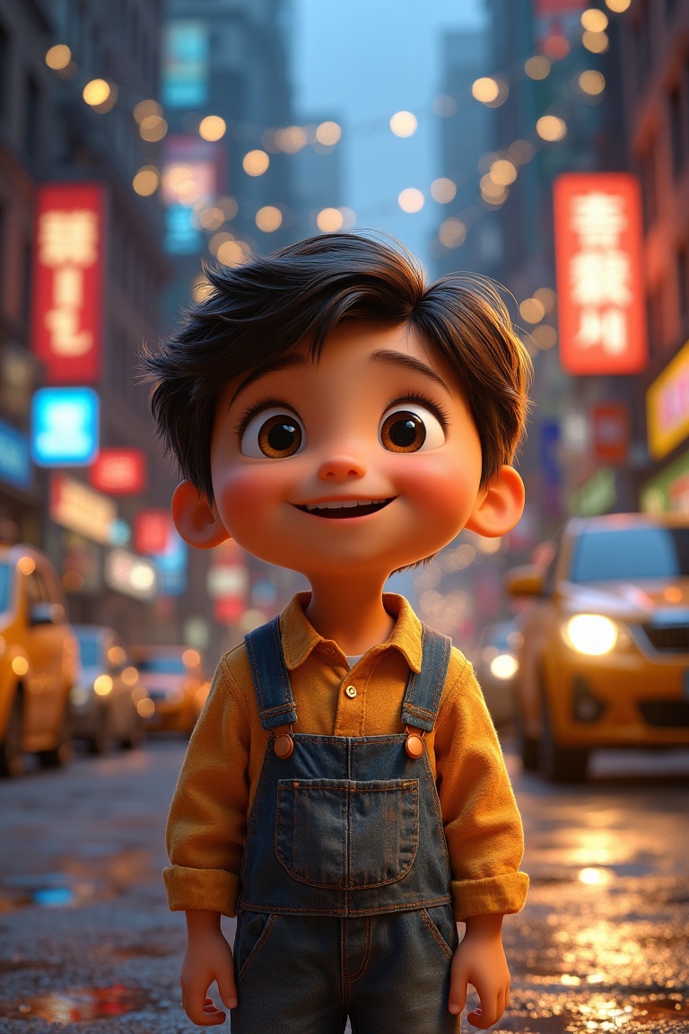 Animated scene of a 5-year-old boy smiling,  standing on a bustling city street. The framing captures the boy from the wai...