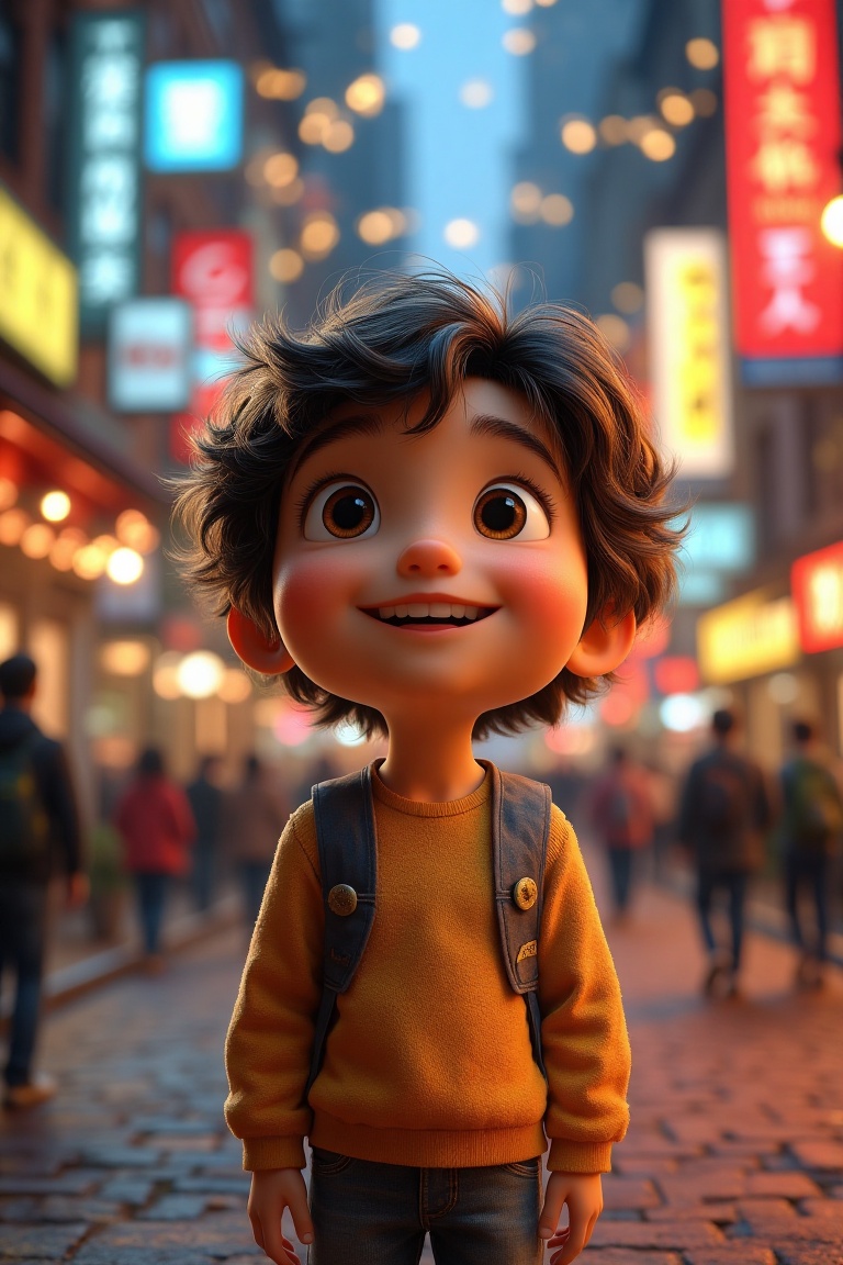 Animated scene of a 5-year-old boy smiling,  standing on a bustling city street. The framing captures the boy from the wai...