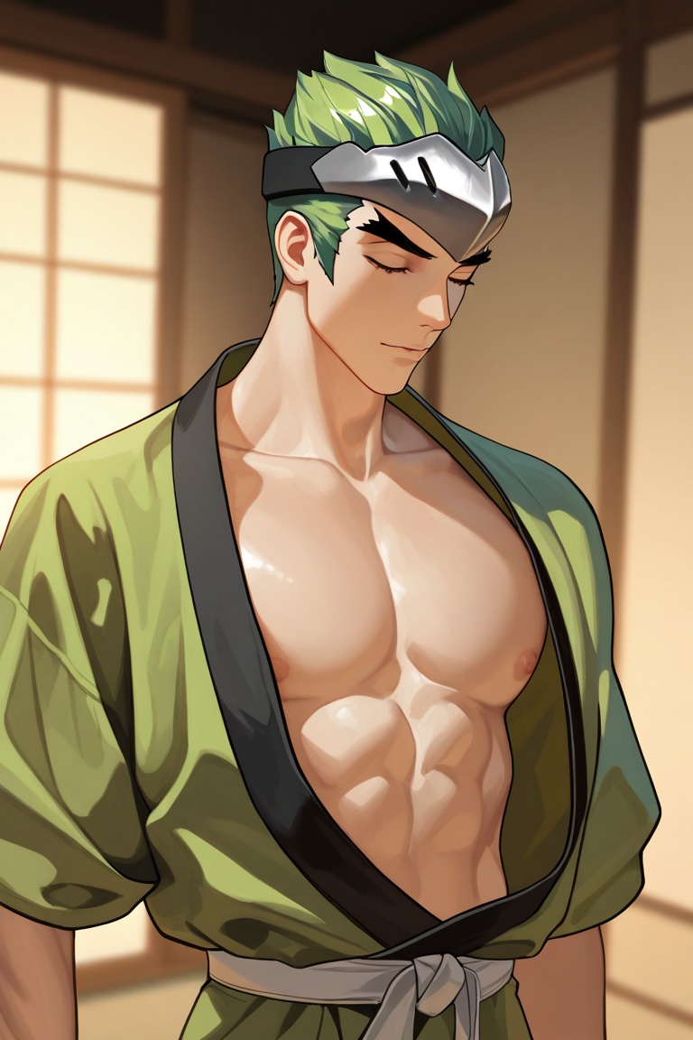 male focus,  genji,  green hair on Tensor.Art