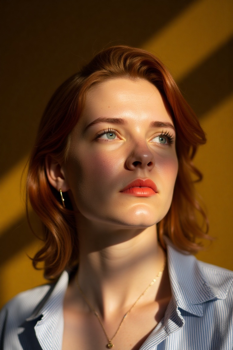 portrait of a young woman with vibrant auburn hair,  naturally styled and slightly tousled,  and light tan skin with visib...