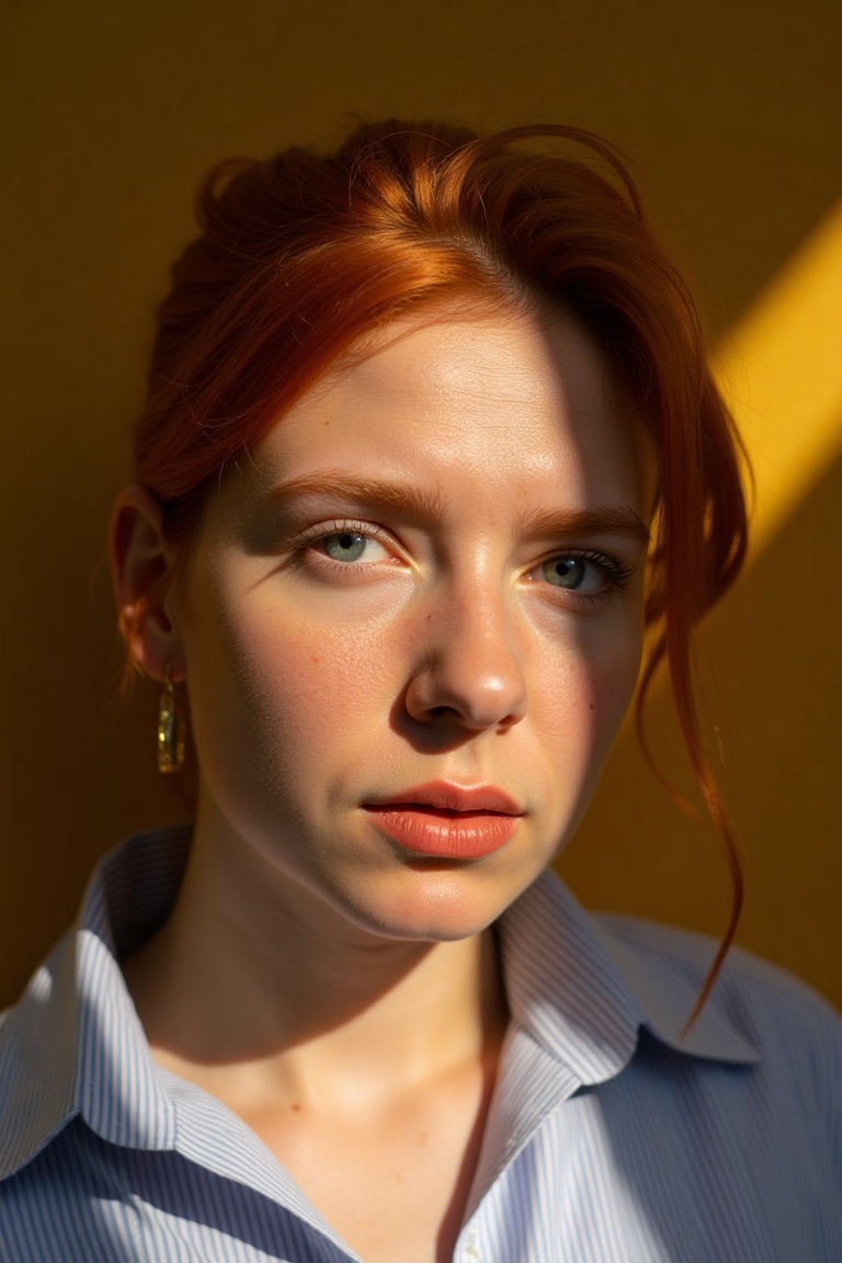 portrait of a young woman with vibrant auburn hair,  naturally styled and slightly tousled,  and light tan skin with visib...