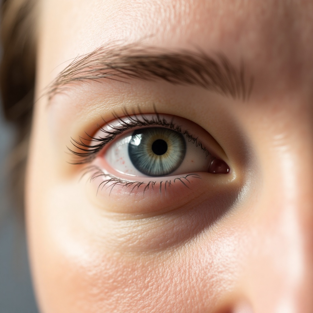 high detail close-up,  macro shot of a light-skinned woman's eye and surrounding facial area. Natural,  unretouched skin t...