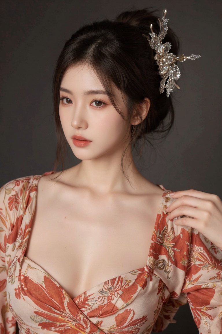 An artistic closeup of a Korean star in a modern interpretation of traditional wear - a silk wrap top with contemporary cu...