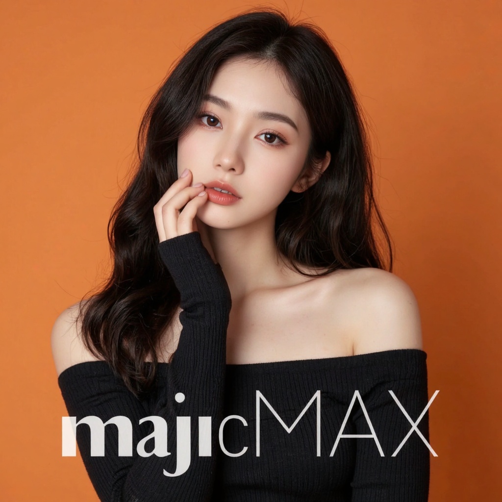 there is bold big white text "majicMAX" in front of her as caption. A high-resolution photograph of a woman with long,  wa...