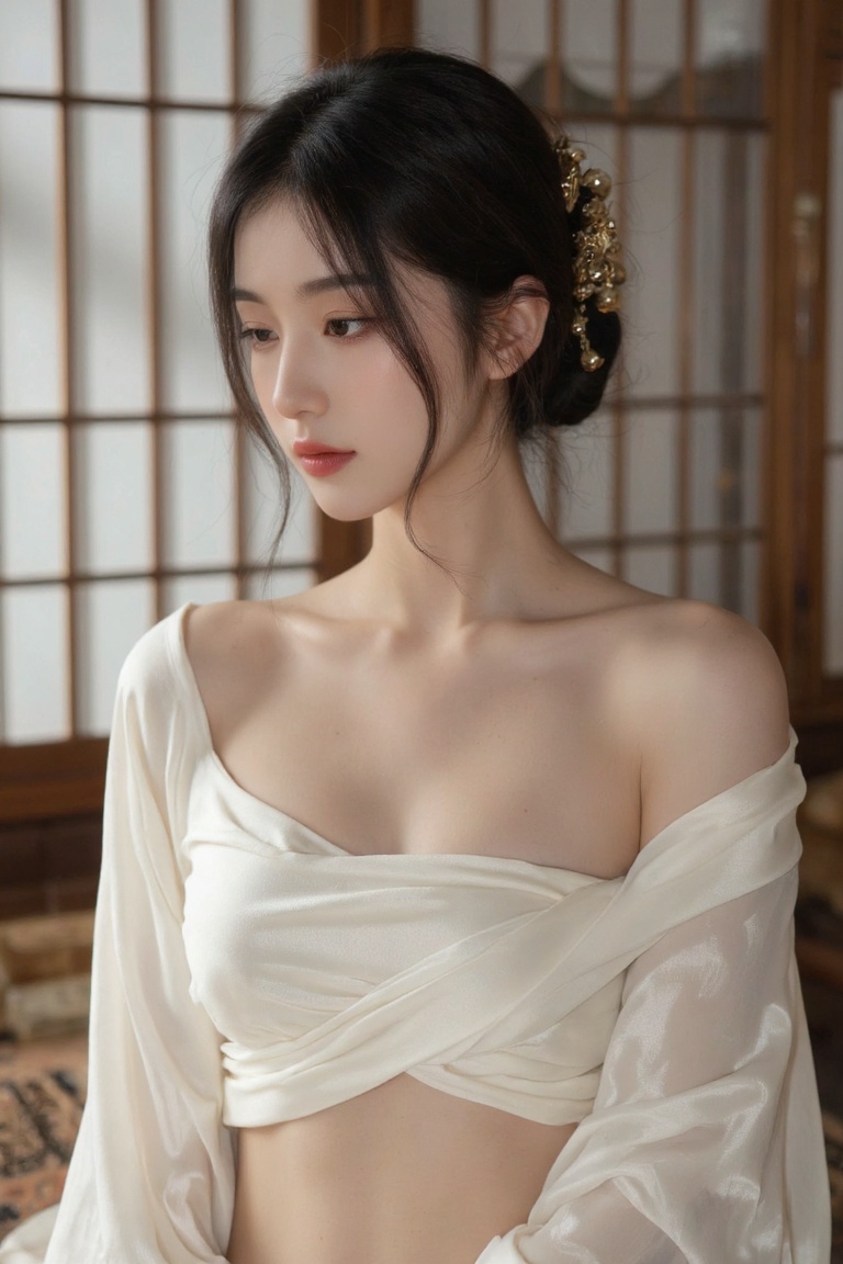 An intimate portrait showing a K-pop performer in a draped silk charmeuse top with asymmetrical styling. The fabric clings...