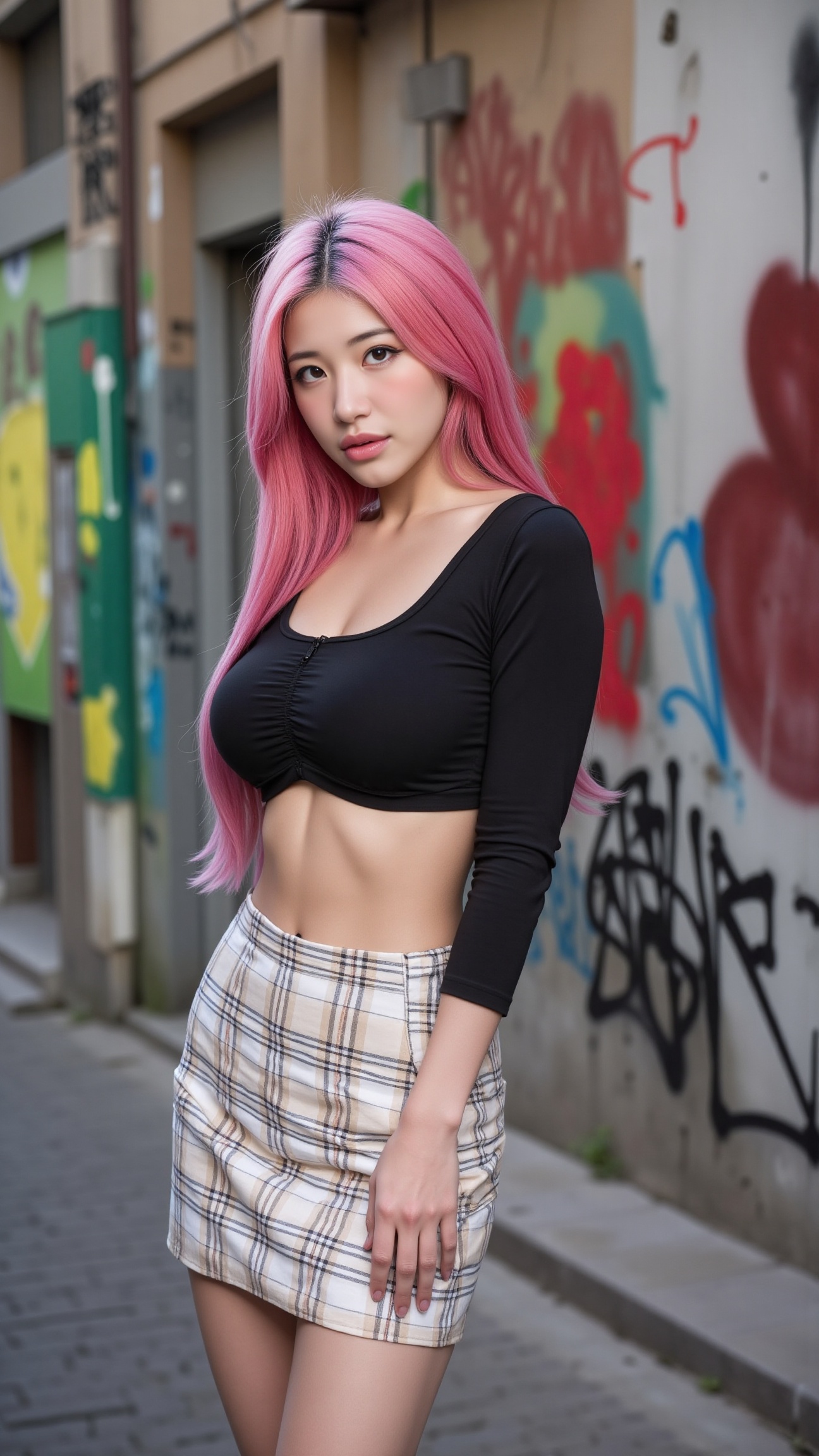 The image is a high-resolution professional portrait photograph of m5pu1y1,  a young Asian woman standing in a vibrant,  g...