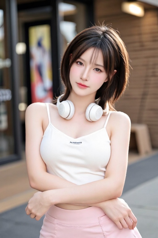 A close-up shot of a young Asian girl with brown hair and brown eyes,  smiling directly at the viewer. She wears a pink sk...