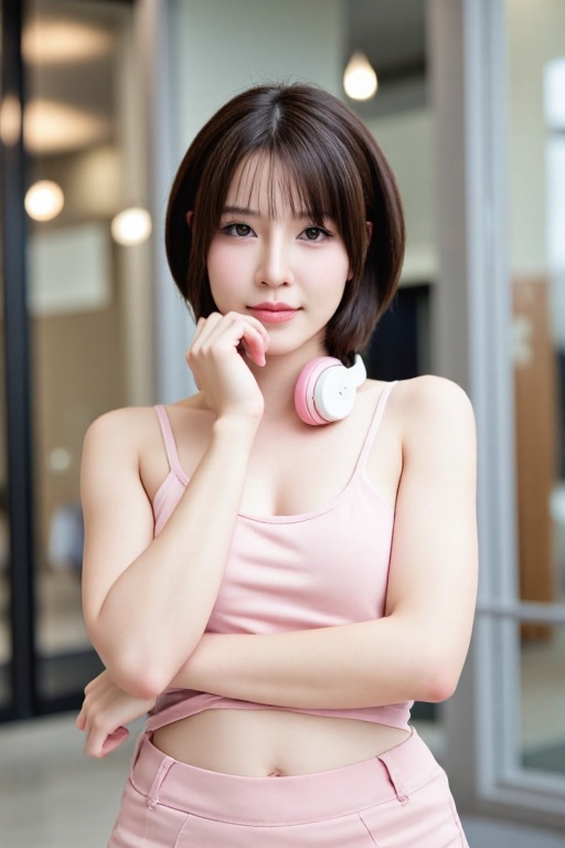 A close-up shot of a young Asian girl with brown hair and brown eyes,  smiling directly at the viewer. She wears a pink sk...