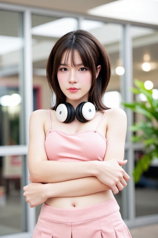 A close-up shot of a young Asian girl with brown hair and brown eyes,  smiling directly at the viewer. She wears a pink sk...