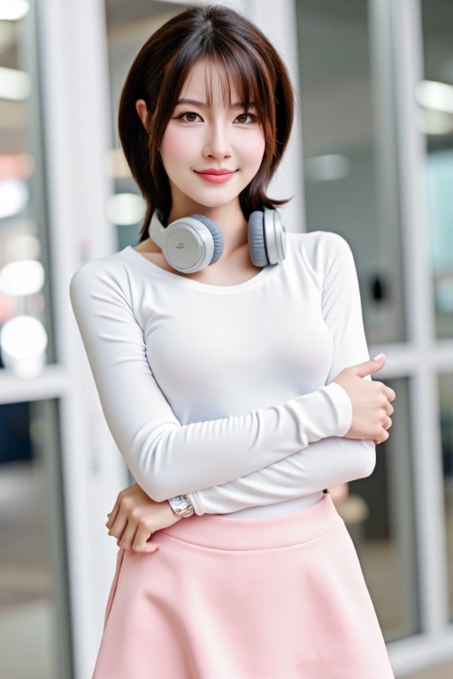 A close-up shot of a young Asian girl with brown hair and brown eyes,  smiling directly at the viewer. She wears a pink sk...