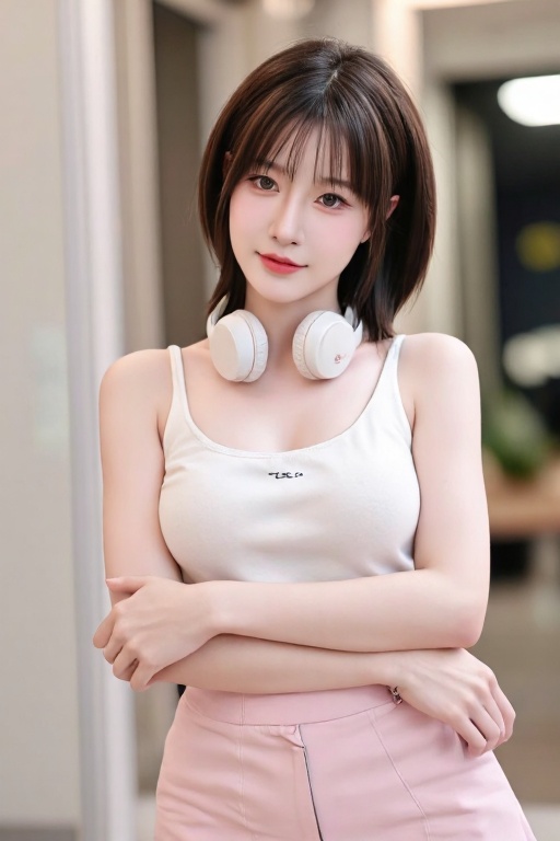 A close-up shot of a young Asian girl with brown hair and brown eyes,  smiling directly at the viewer. She wears a pink sk...