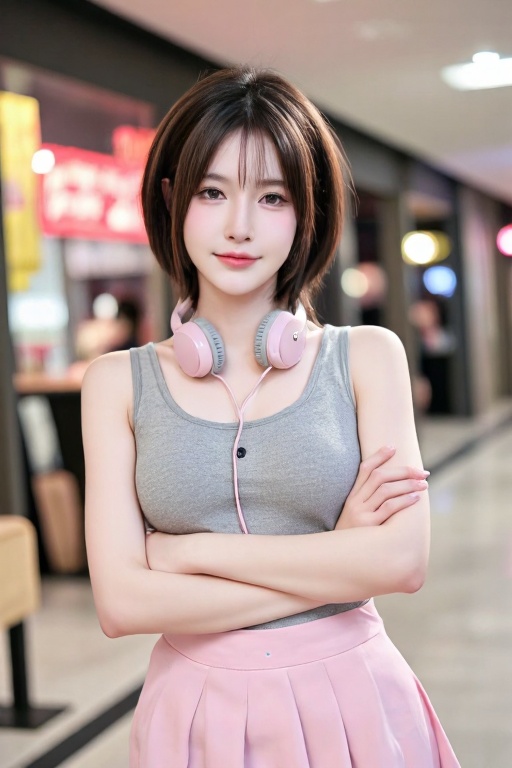 A close-up shot of a young Asian girl with brown hair and brown eyes,  smiling directly at the viewer. She wears a pink sk...