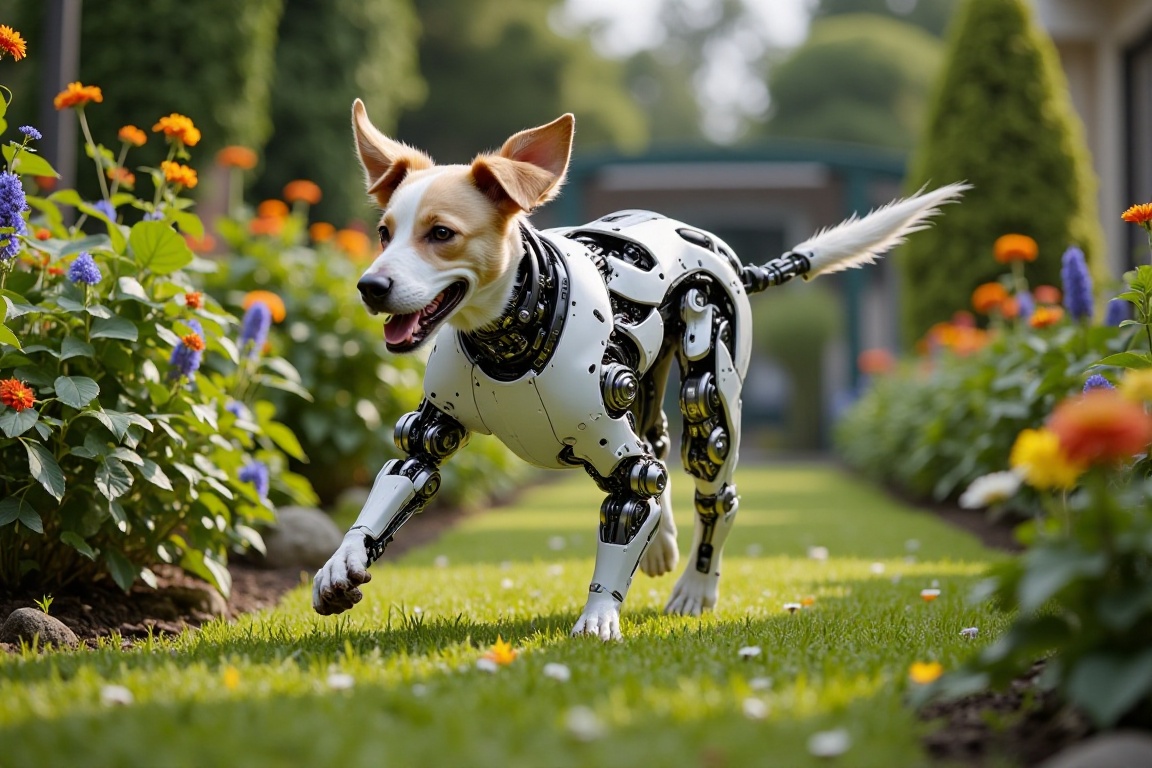 rendered in ultra-high definition with OLED and retina quality,  intricate detailed,  a dog is running in a garden on Tens...