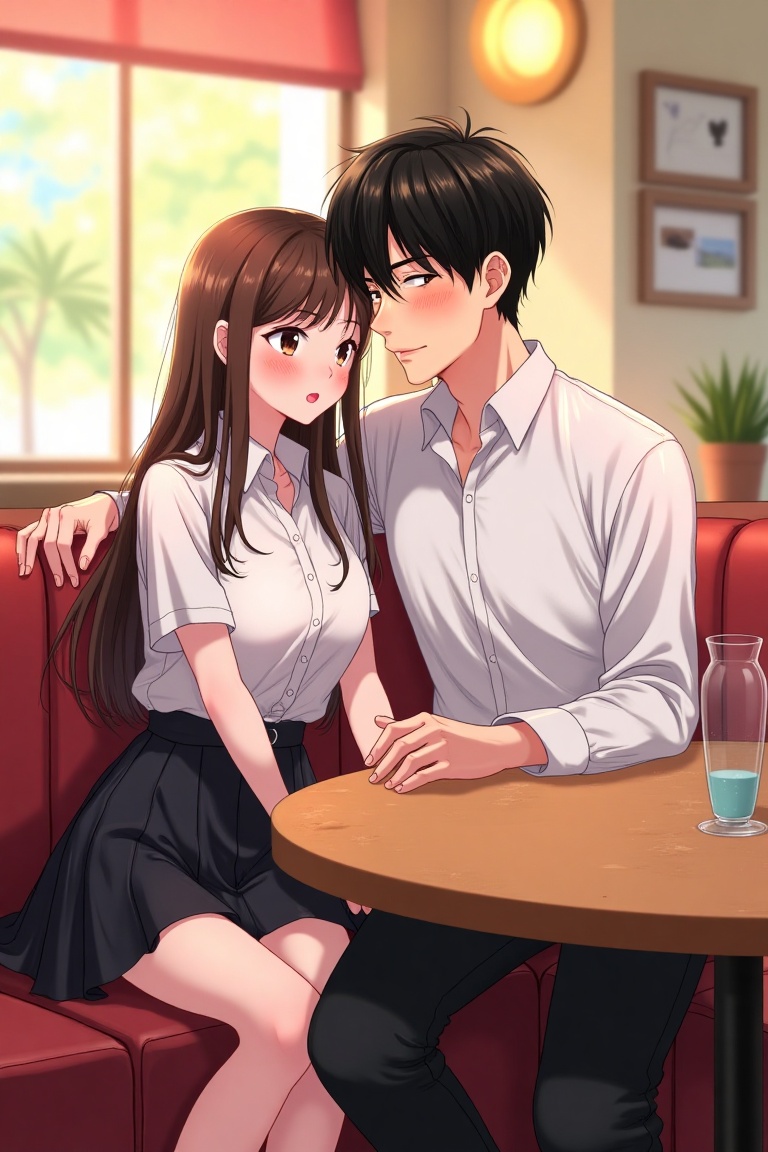A Webtoon-style illustration of a Korean couple,  a boy and a girl,  both teenagers wearing school uniforms. They sit casu...