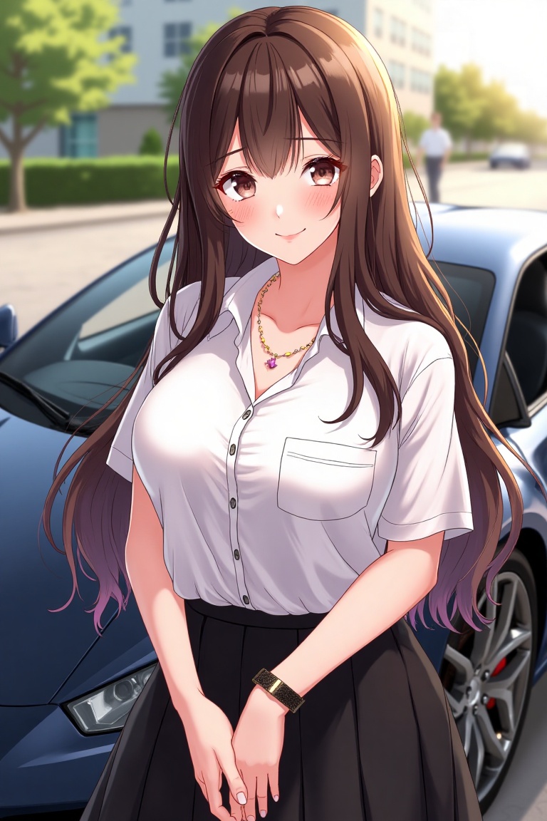 A Webtoon-style illustration of a solo Asian girl with long,  medium brown hair and brown eyes standing beside a sleek spo...