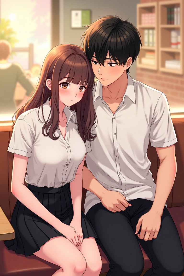 A Webtoon-style illustration of a Korean couple,  a boy and a girl,  both teenagers wearing school uniforms. They sit casu...