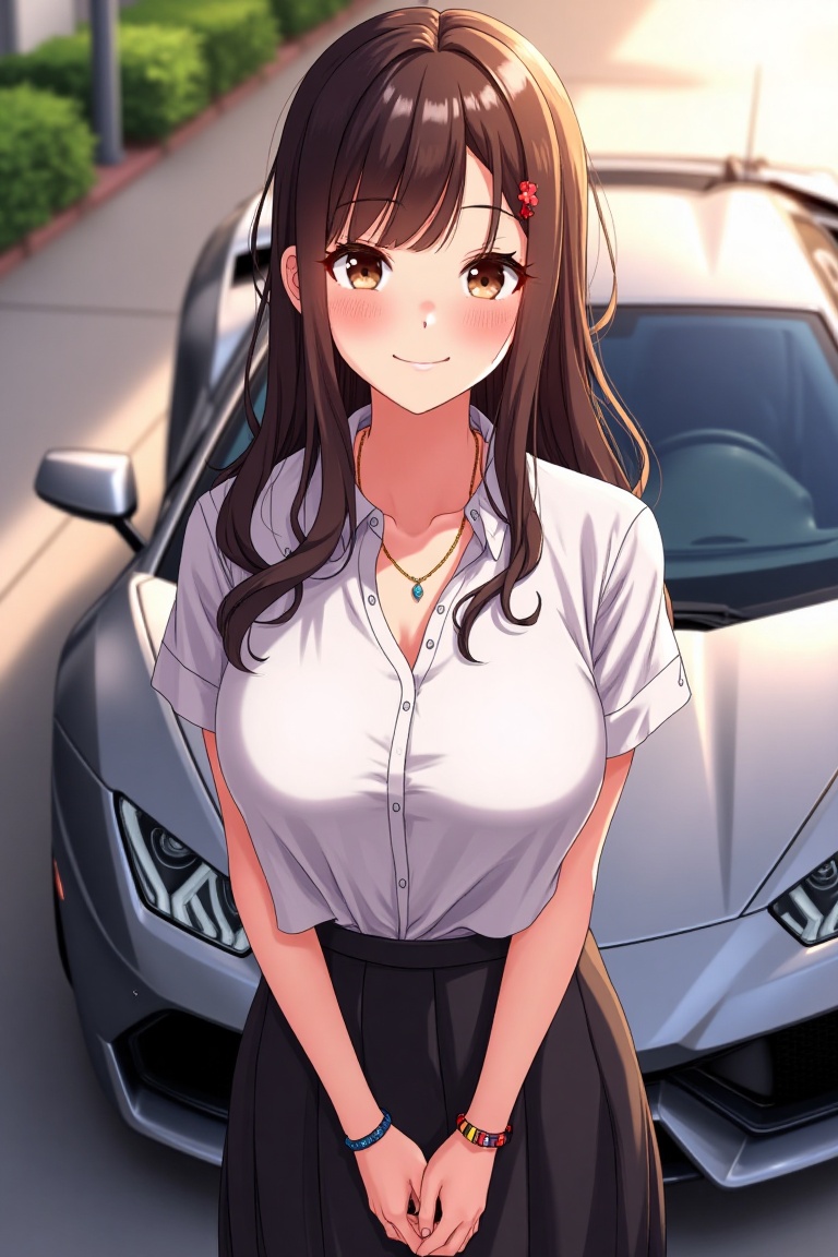 A Webtoon-style illustration of a solo Asian girl with long,  medium brown hair and brown eyes standing beside a sleek spo...