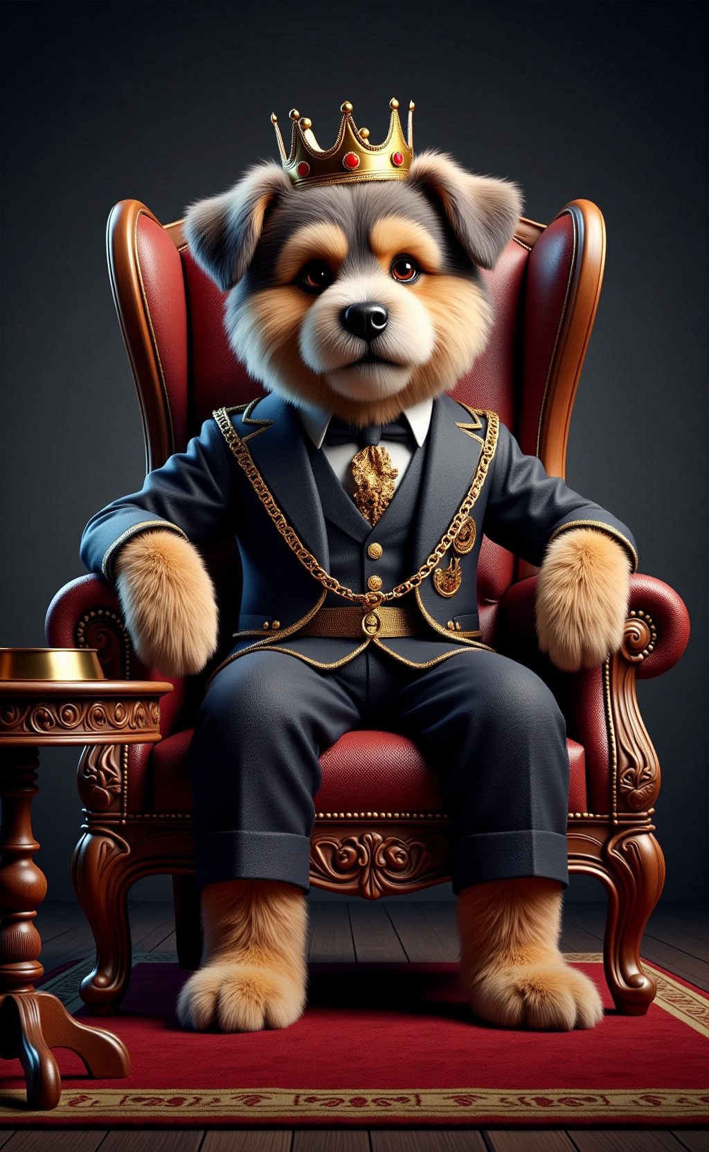 An anthropomorphic animal: a fluffy dog wearing a royal outfit with a golden crown on his head. He looks at the camera wit...