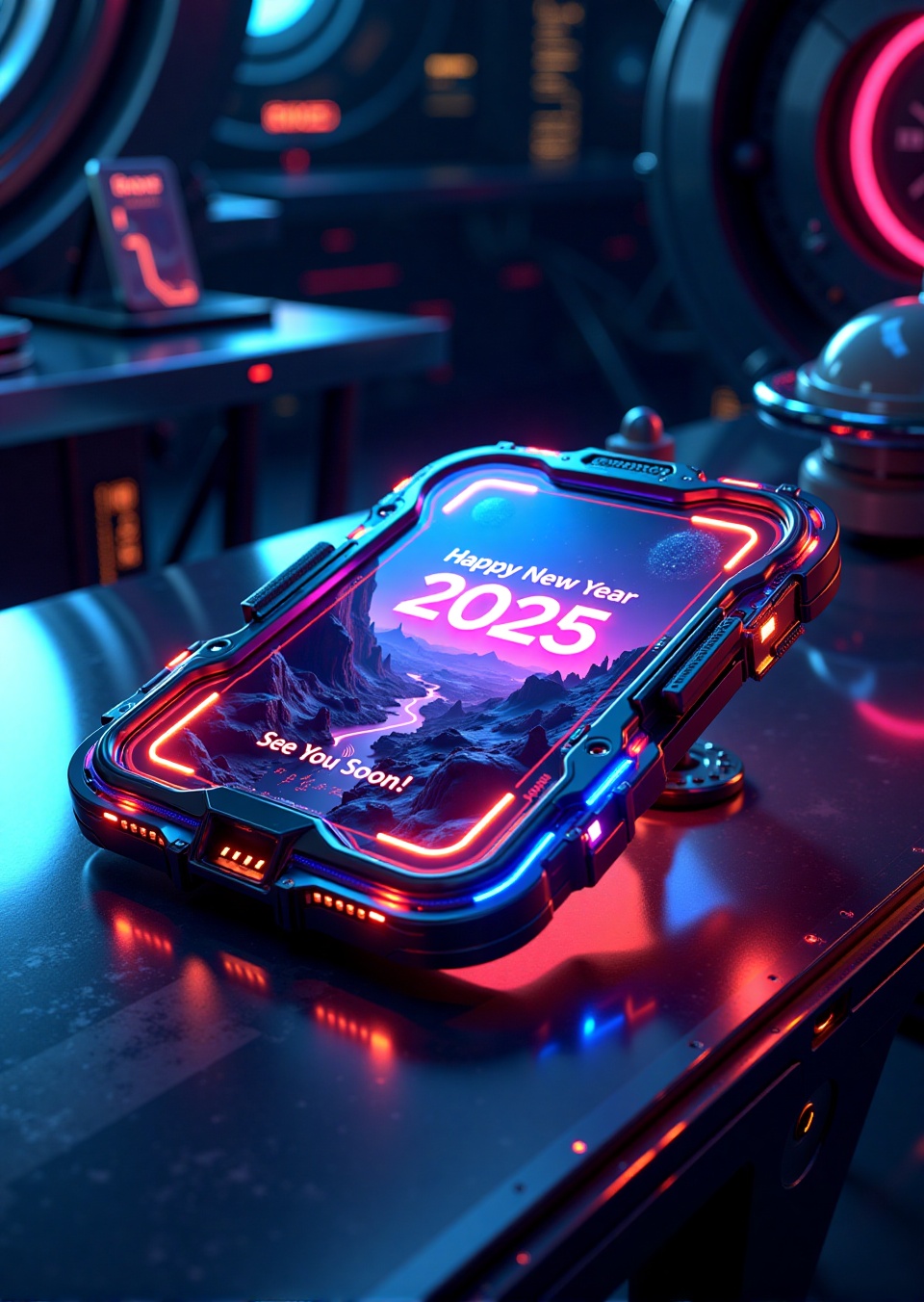 A stunning ABM_Futuristic Postcard scene: a futuristic,  intricately framed postcard lies flat on a metallic table within...