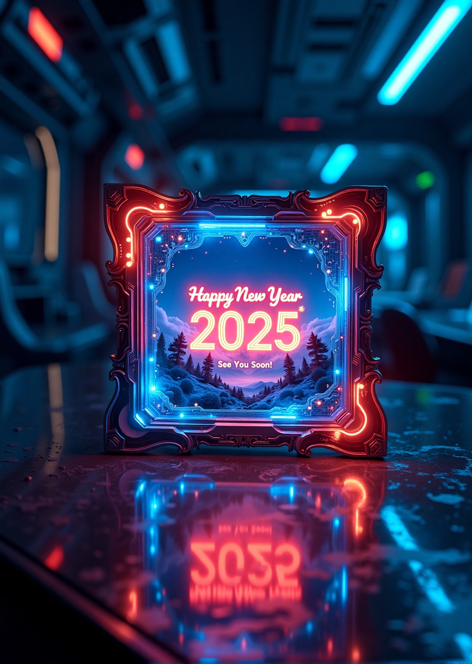 A breathtaking futuristic intricate frame postcard card portrait shaped design of an enclosed in an intricate,  holographi...