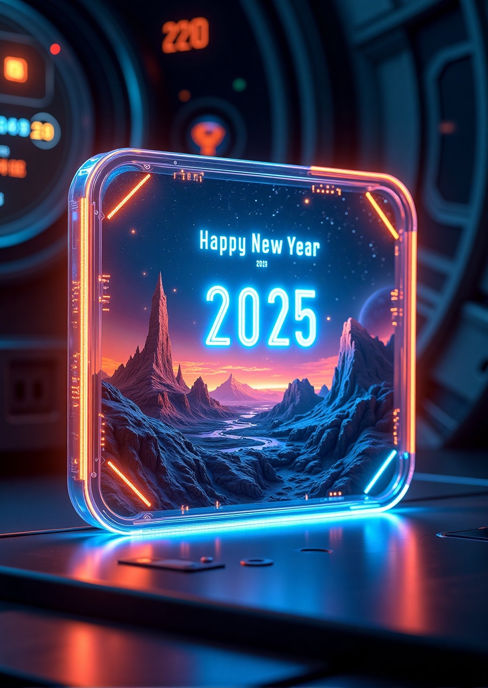 In this stunning composition,  a futuristic postcard card portrait lies within an intricately designed holographic frame....