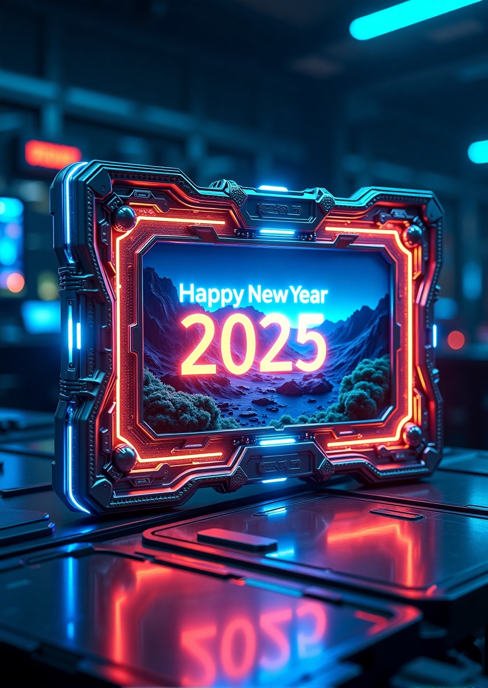 A breathtaking futuristic intricate frame postcard card portrait shaped design of an enclosed in an intricate,  holographi...