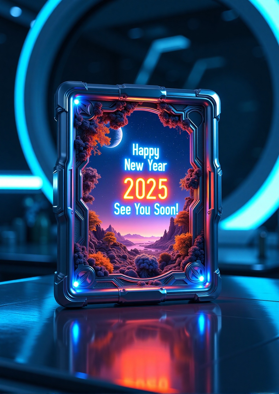 A stunning ABM_Futuristic Postcard scene: a futuristic,  intricately framed postcard lies flat on a metallic table within...