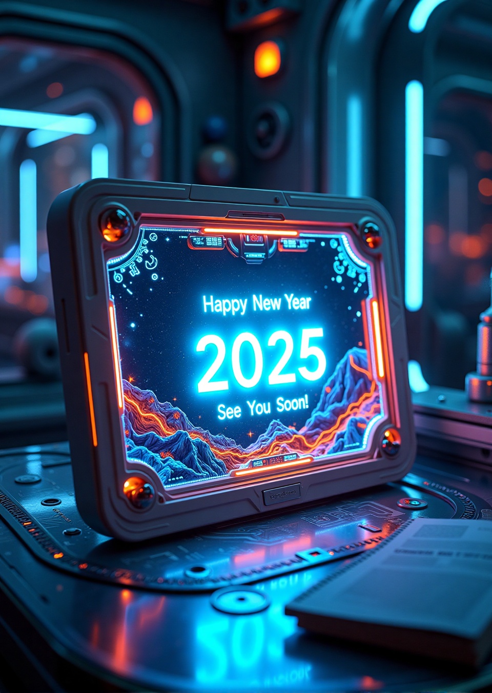 A stunning ABM_Futuristic Postcard scene: a futuristic,  intricately framed postcard lies flat on a metallic table within...