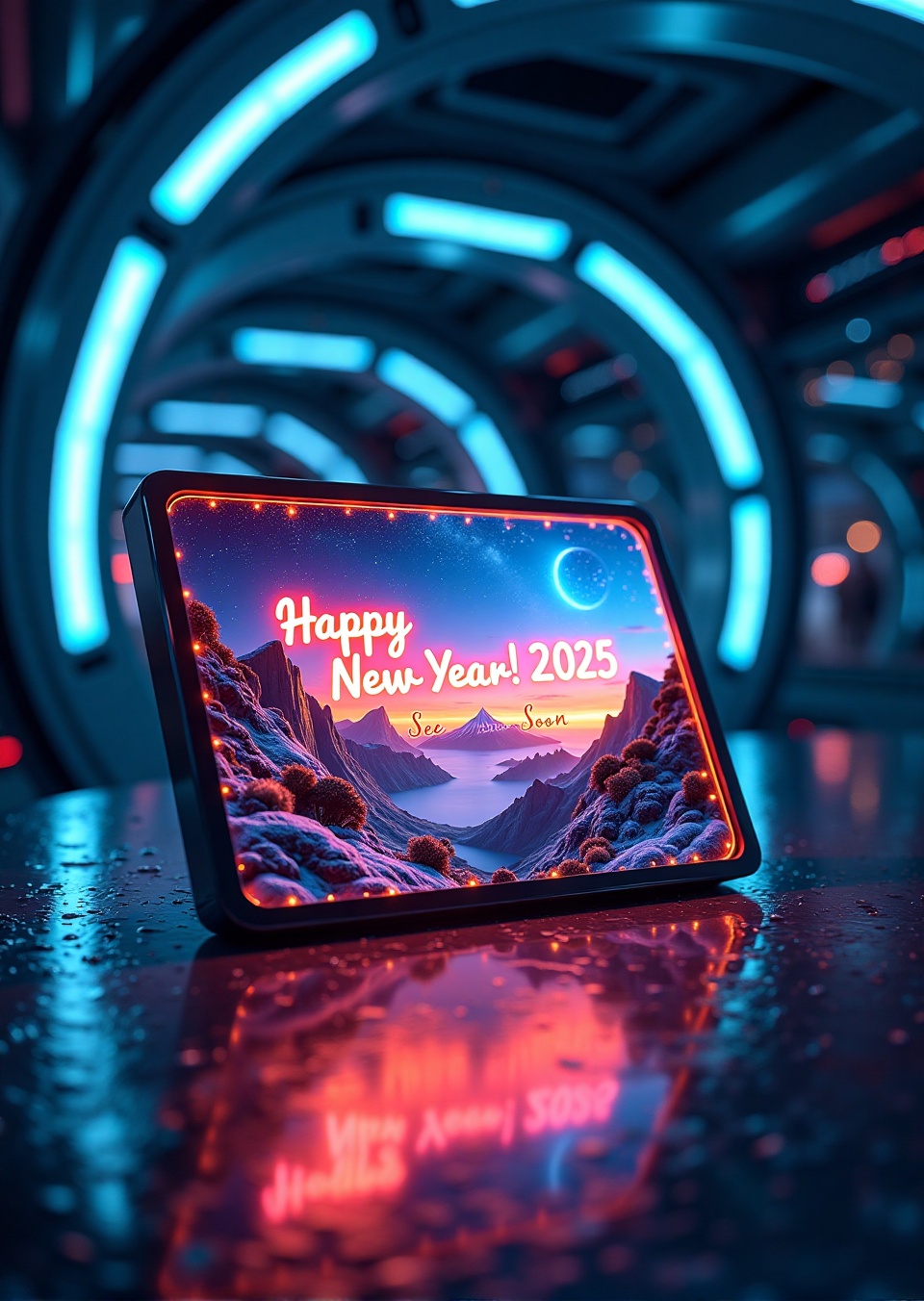 A stunning ABM_Futuristic Postcard scene: a futuristic,  intricately framed postcard lies flat on a metallic table within...