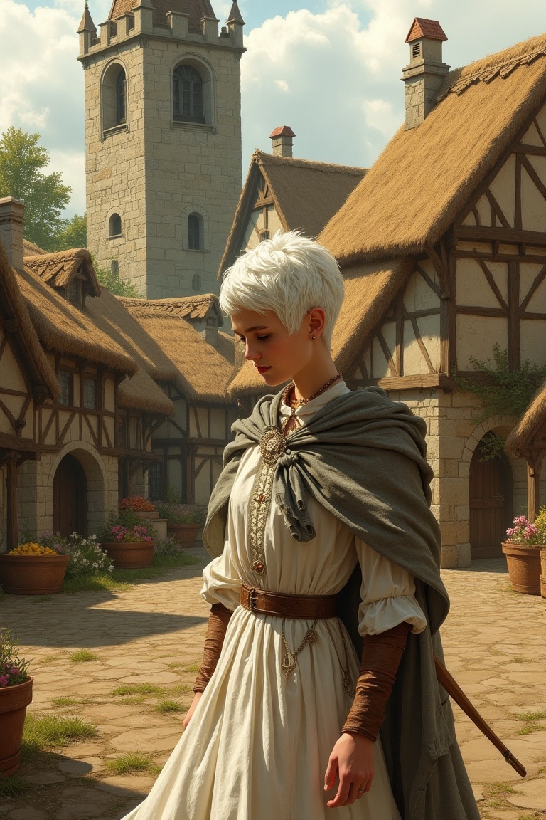 A young maiden with striking white short hair stands amidst a medieval village landscape. She wears a flowing medieval dre...