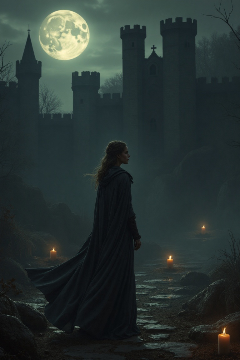A lone maiden stands amidst a medieval landscape under the silvery glow of a moonlit night. The dark horizon stretches beh...