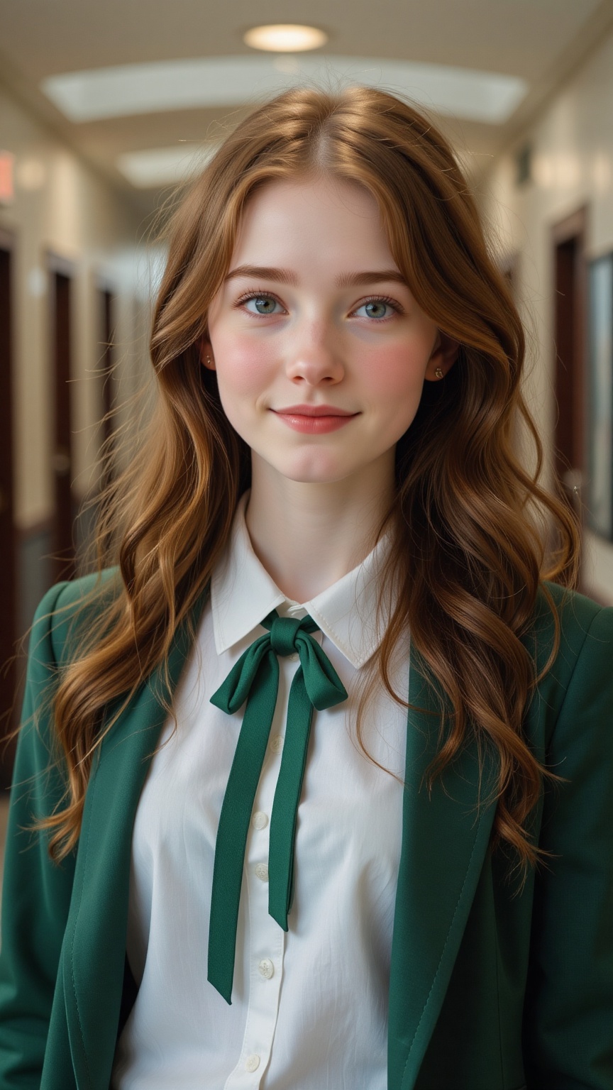Photography of a young woman,  white tshirt with a green ribbon necktie,  green blazer on Tensor.Art