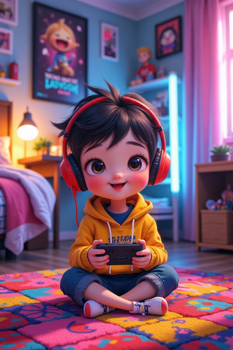 A chibi boy with big,  expressive eyes is sitting on a colorful gaming-style bedroom floor,  wearing bright headphones. Th...