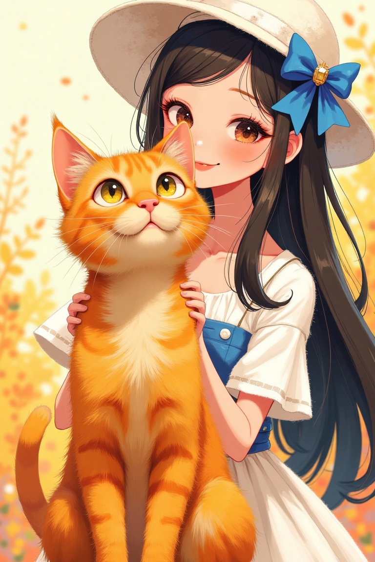 A vibrant orange cat with wide-open yellow eyes and perked-up ears is the main focal point,  centered in the frame. To the...